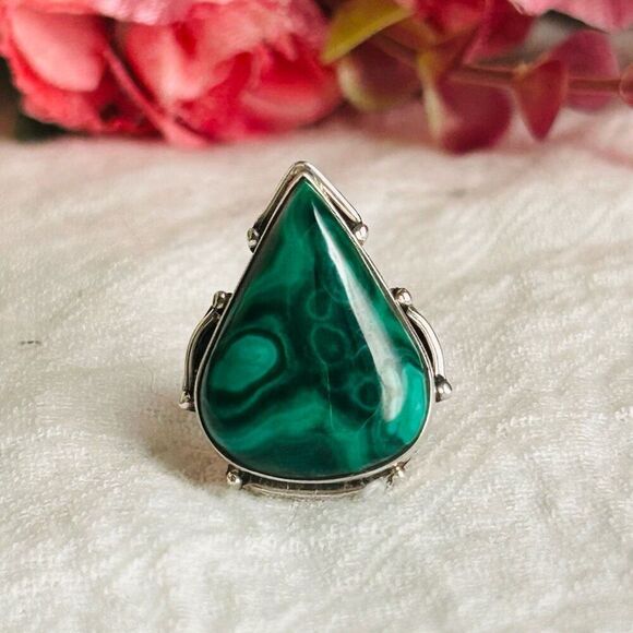 Malachite 925 Sterling Silver Ring 7 - Picture 3 of 10